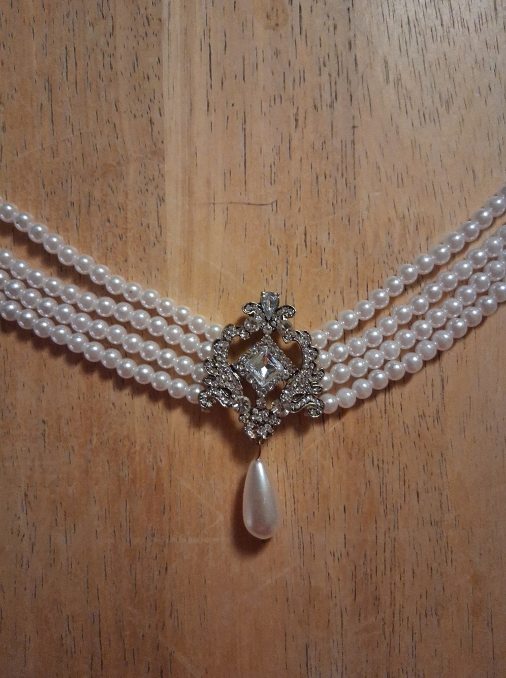 Multi-Strand White Pearl Choker with Rhinestone Filigree Accent